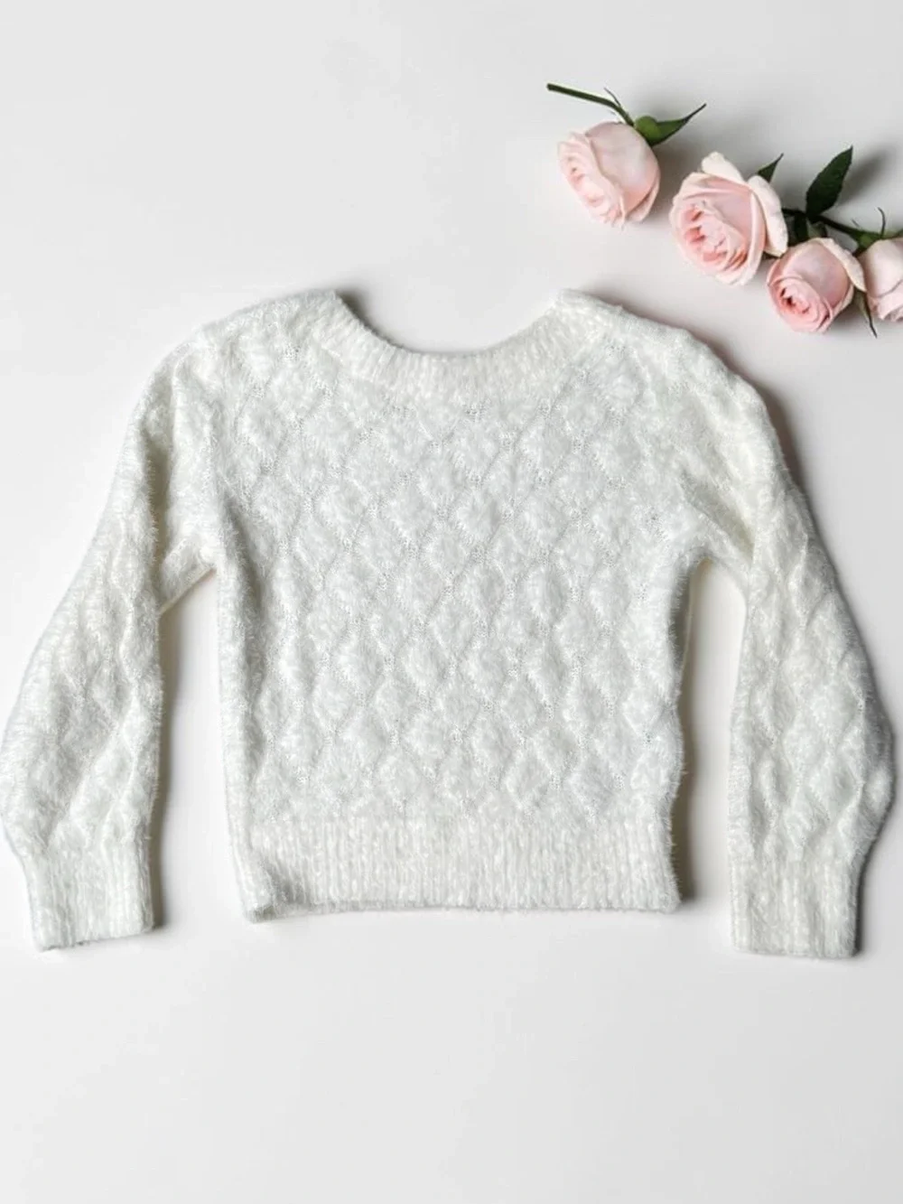 Girls White Diamond-Texture Crewneck Sweater